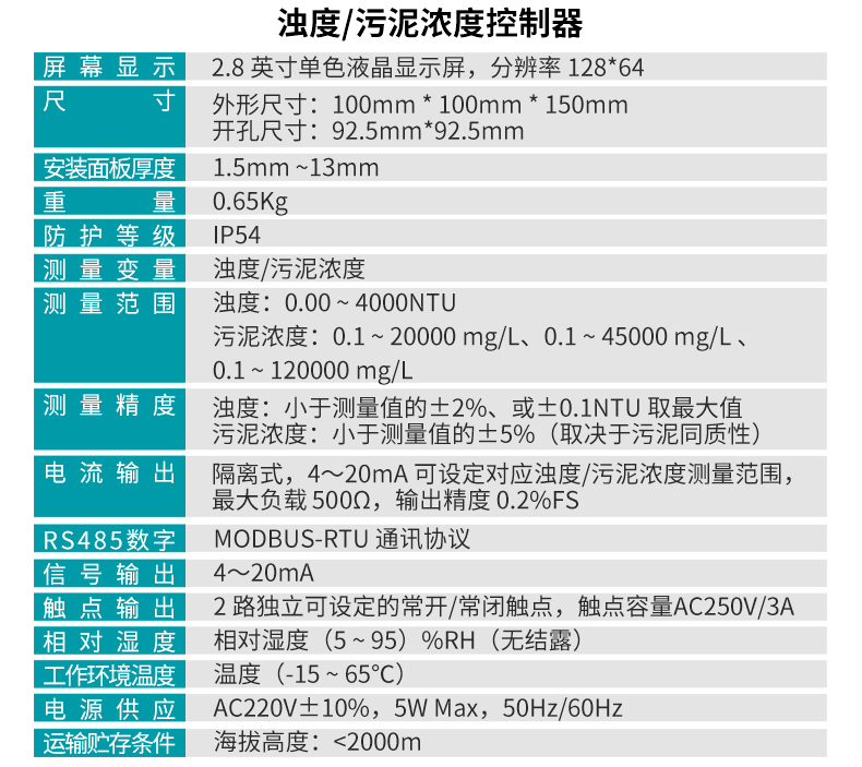 米科MIK-PTU100在線濁度檢測儀控制器參數1